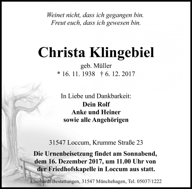 Traueranzeigen Von Christa Klingebiel Trauer Anzeigen De