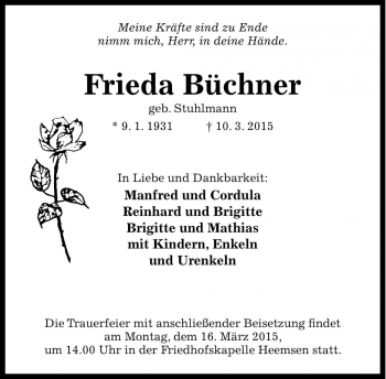 Traueranzeigen Von Frieda B Chner Trauer Anzeigen De