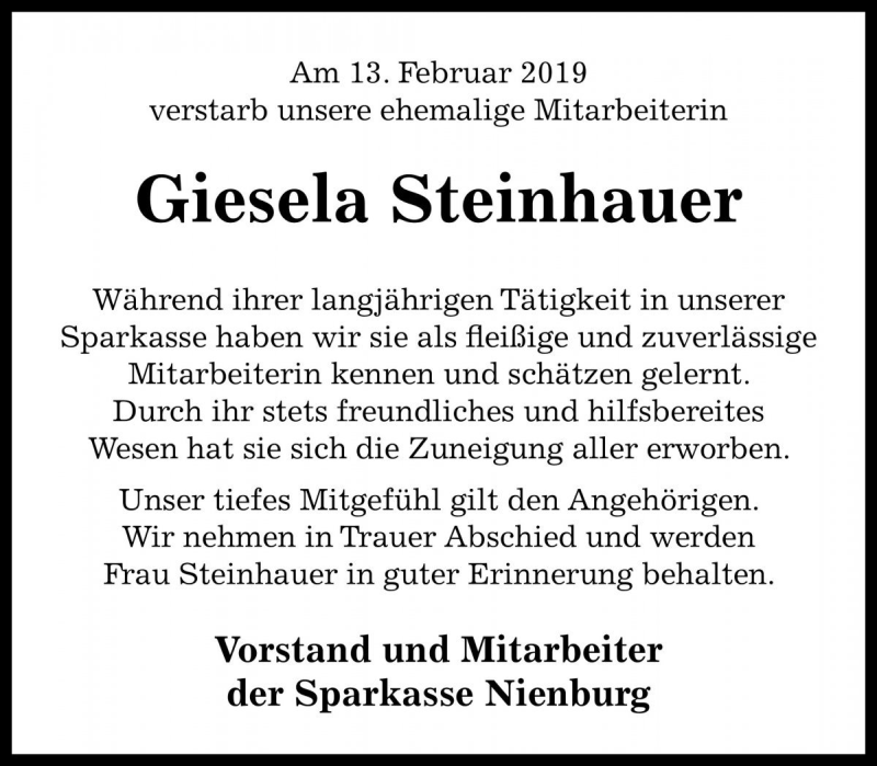 Traueranzeigen Von Giesela Steinhauer Trauer Anzeigen De