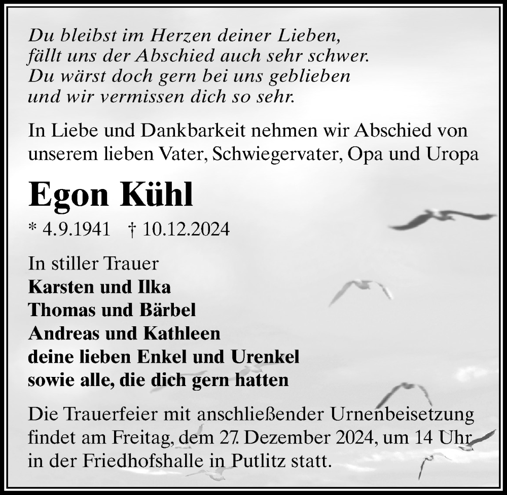 Traueranzeigen von Egon Kühl trauer anzeigen de