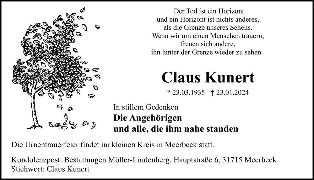 Traueranzeigen Von Claus Kunert Trauer Anzeigen De