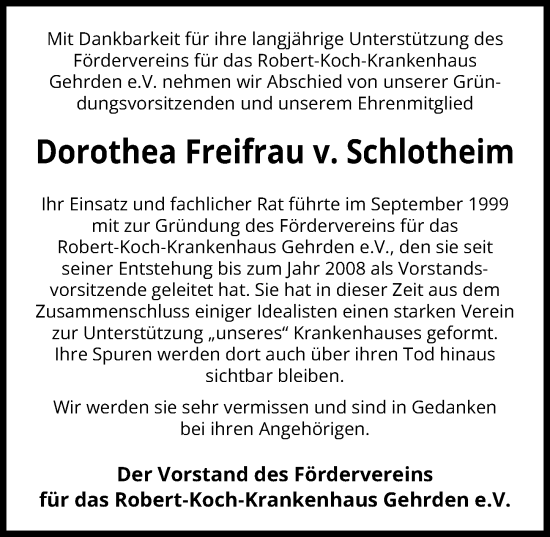 Traueranzeigen Von Dorothea Freifrau V Schlotheim Trauer Anzeigen De