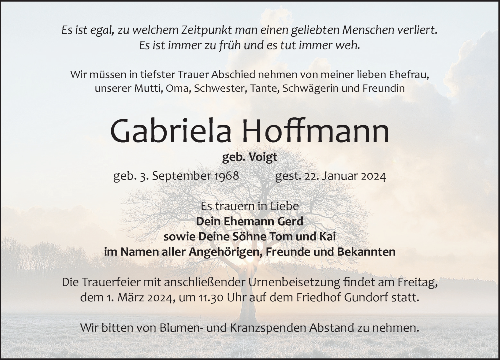 Traueranzeigen Von Gabriela Hoffmann Trauer Anzeigen De