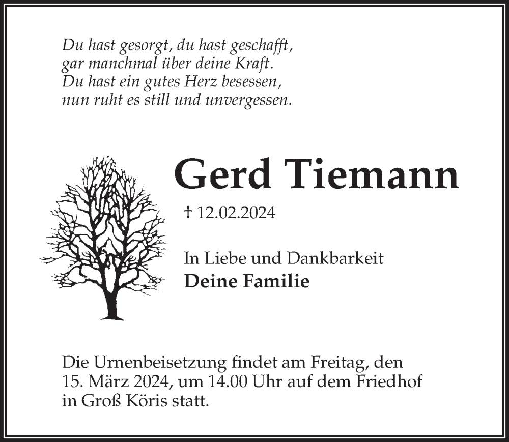 Traueranzeigen Von Gerd Tiemann Trauer Anzeigen De