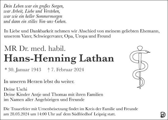 Traueranzeigen Von Hans Henning Lathan Trauer Anzeigen De