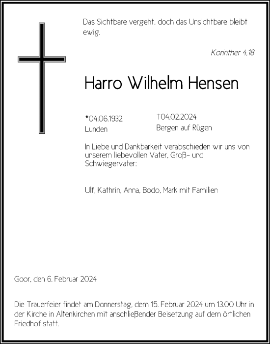 Traueranzeigen Von Harro Wilhelm Hensen Trauer Anzeigen De