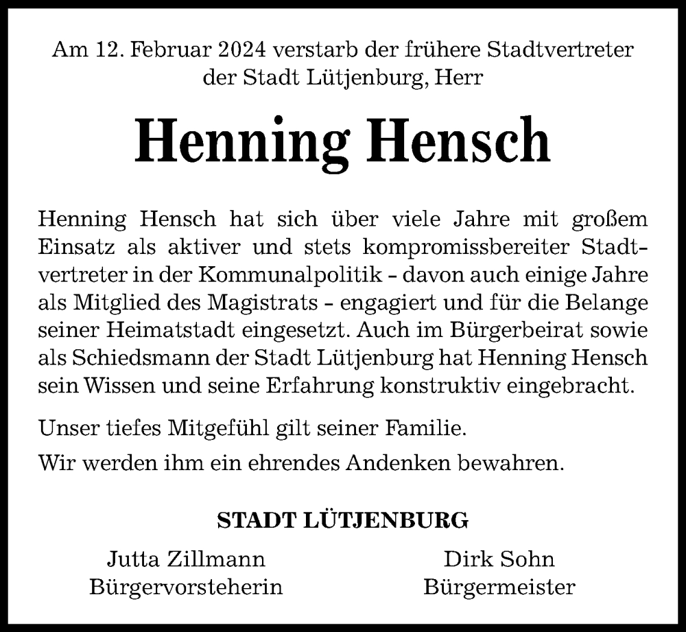 Traueranzeigen Von Henning Hensch Trauer Anzeigen De