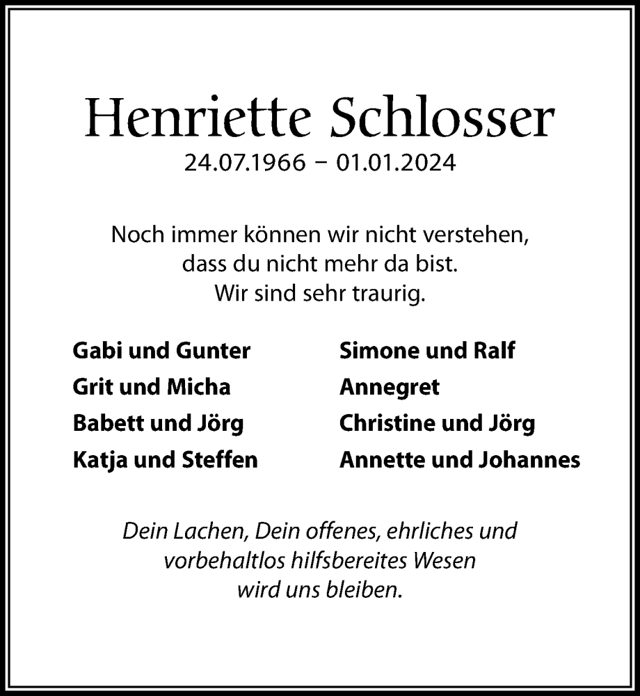 Traueranzeigen Von Henriette Schlosser Trauer Anzeigen De