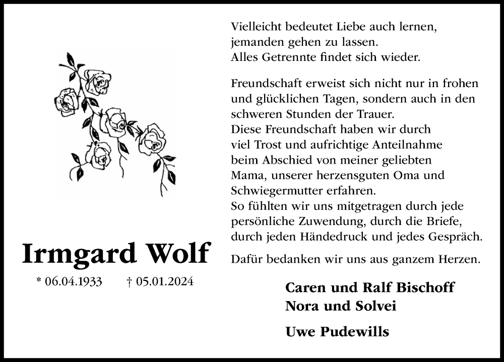 Traueranzeigen Von Irmgard Wolf Trauer Anzeigen De