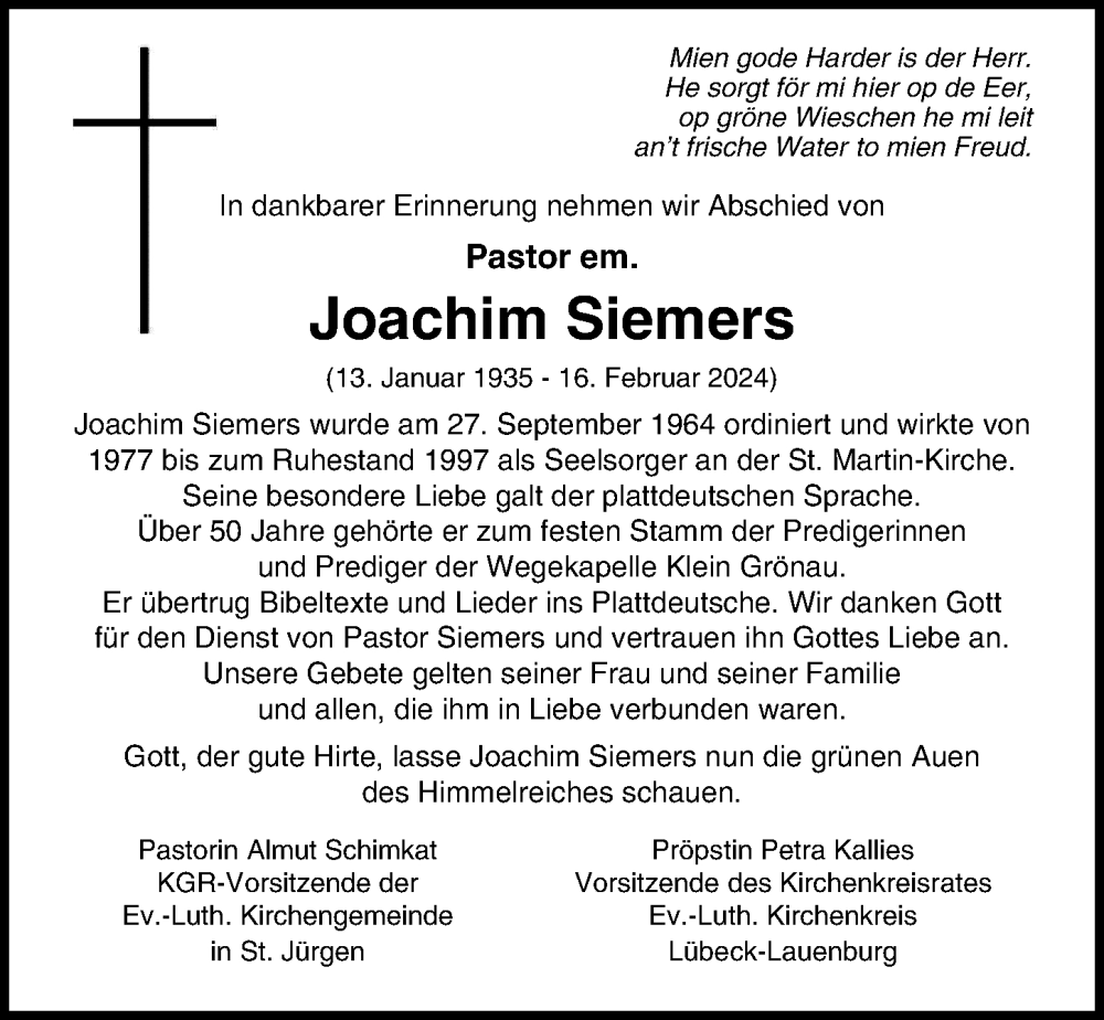 Traueranzeigen Von Joachim Siemers Trauer Anzeigen De