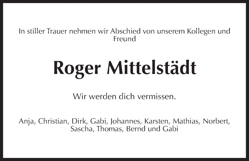 Traueranzeigen Von Roger Mittelst Dt Trauer Anzeigen De