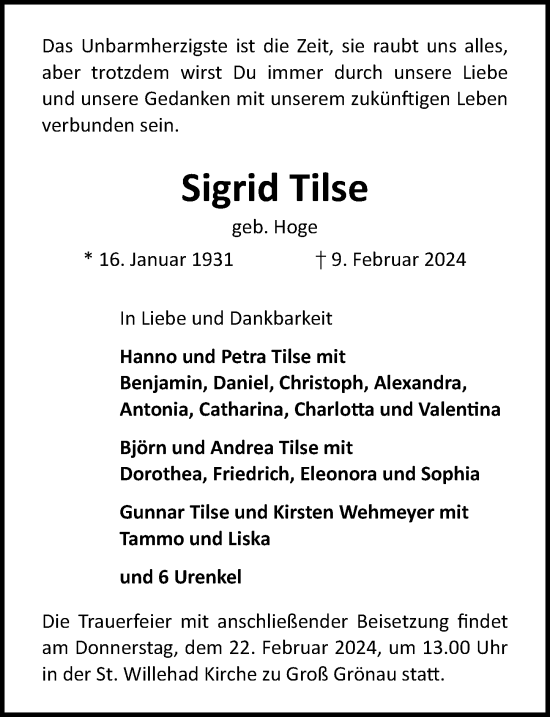 Traueranzeigen Von Sigrid Tilse Trauer Anzeigen De