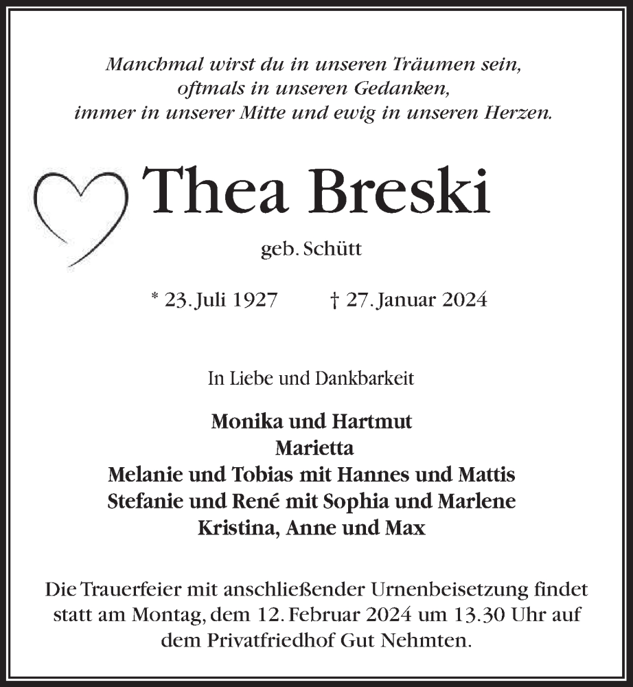 Traueranzeigen Von Thea Breski Trauer Anzeigen De