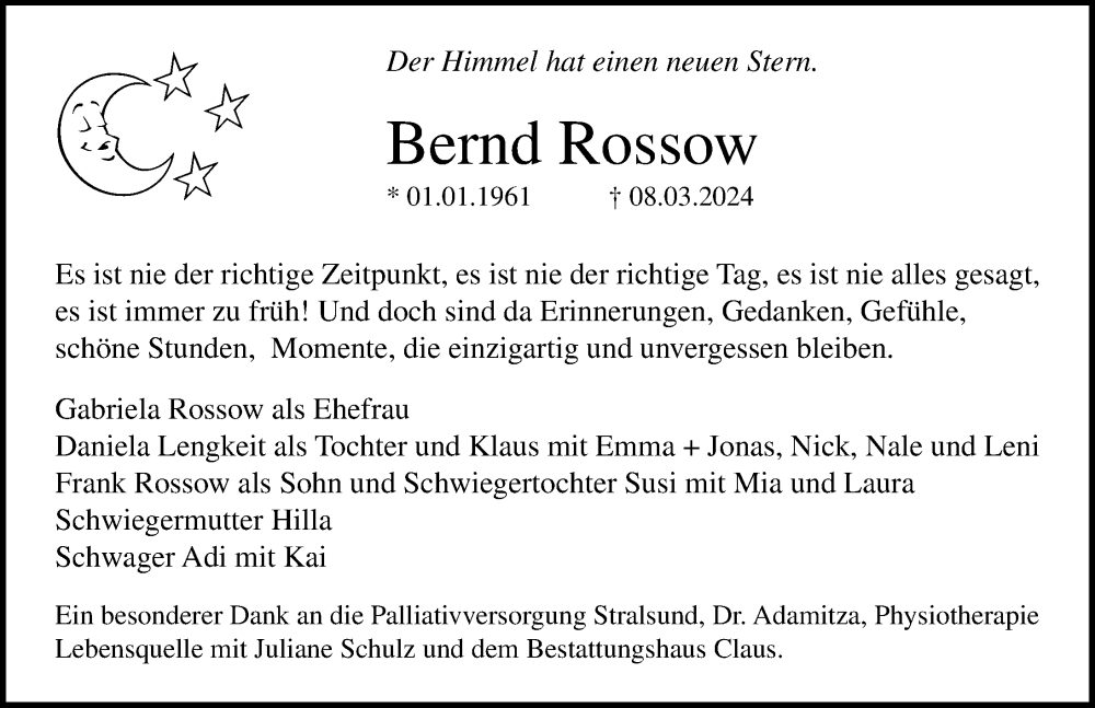 Traueranzeigen Von Bernd Rossow Trauer Anzeigen De