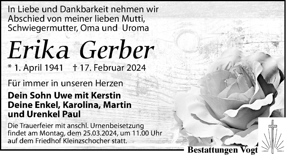 Traueranzeigen Von Erika Gerber Trauer Anzeigen De