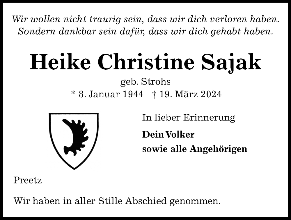 Traueranzeigen Von Heike Christine Sajak Trauer Anzeigen De