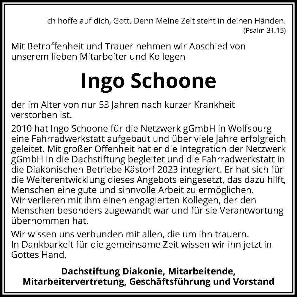 Traueranzeigen Von Ingo Schoone Trauer Anzeigen De