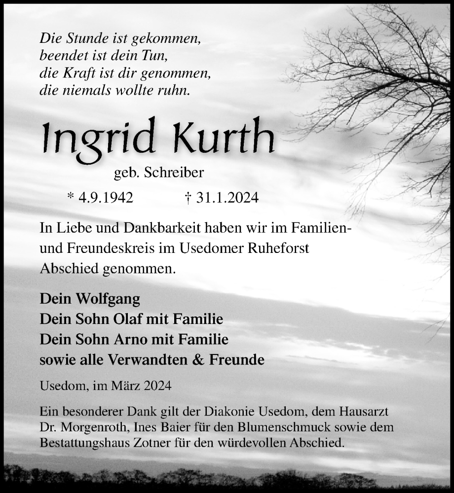 Traueranzeigen Von Ingrid Kurth Trauer Anzeigen De