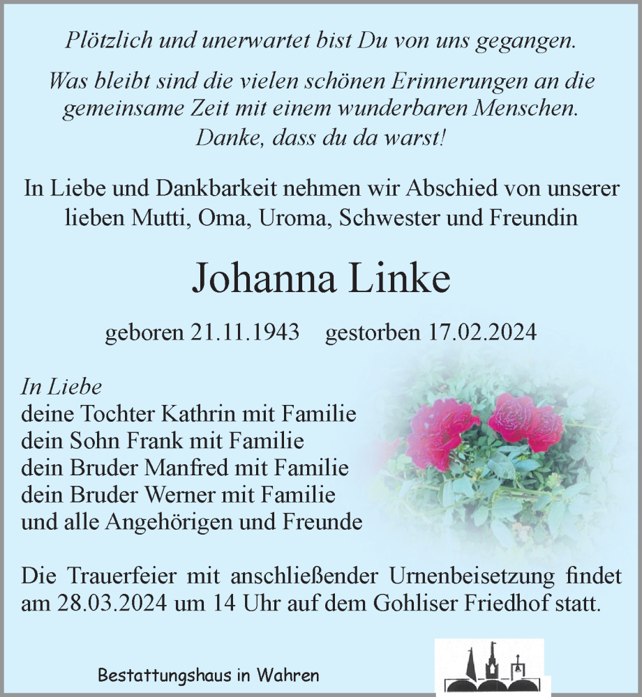 Traueranzeigen Von Johanna Linke Trauer Anzeigen De