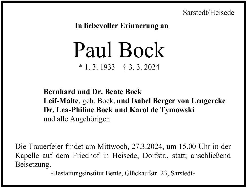 Traueranzeigen Von Paul Bock Trauer Anzeigen De