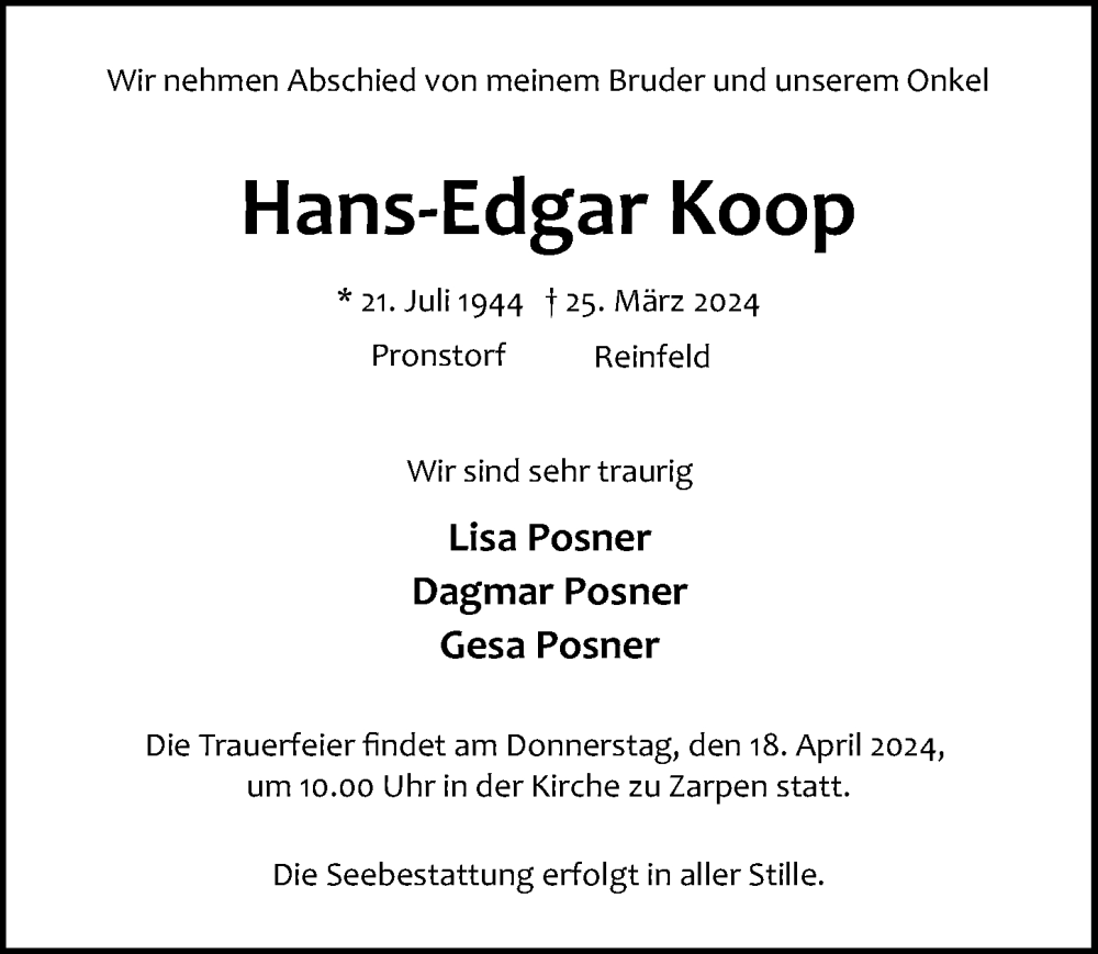 Traueranzeigen Von Hans Edgar Koop Trauer Anzeigen De