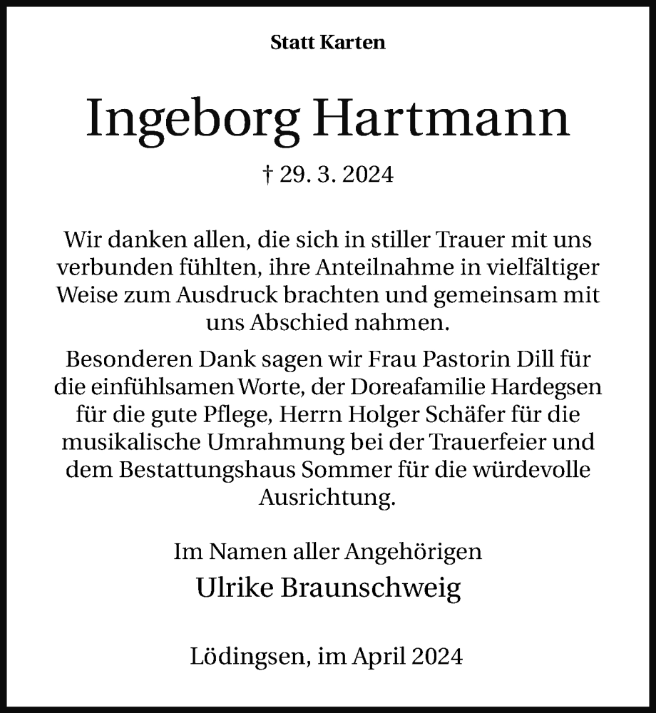 Traueranzeigen Von Ingeborg Hartmann Trauer Anzeigen De