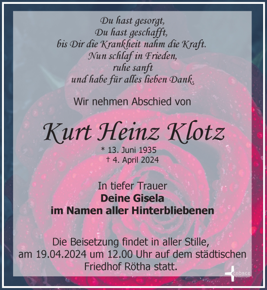 Traueranzeigen Von Kurt Heinz Klotz Trauer Anzeigen De