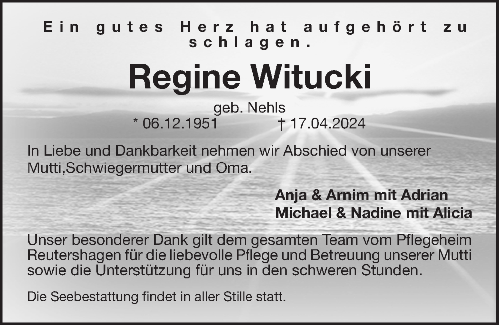 Traueranzeigen Von Regine Witucki Trauer Anzeigen De