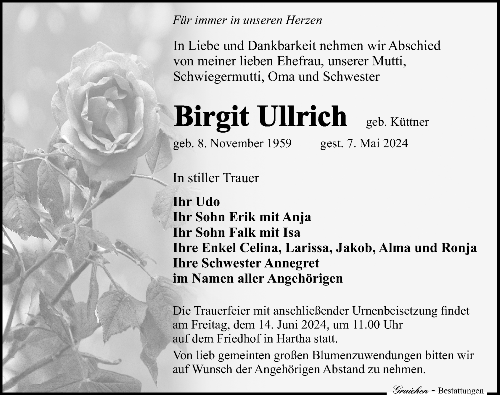 Traueranzeigen Von Birgit Ullrich Trauer Anzeigen De