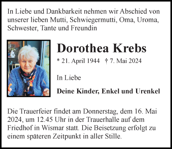 Traueranzeigen Von Dorothea Krebs Trauer Anzeigen De