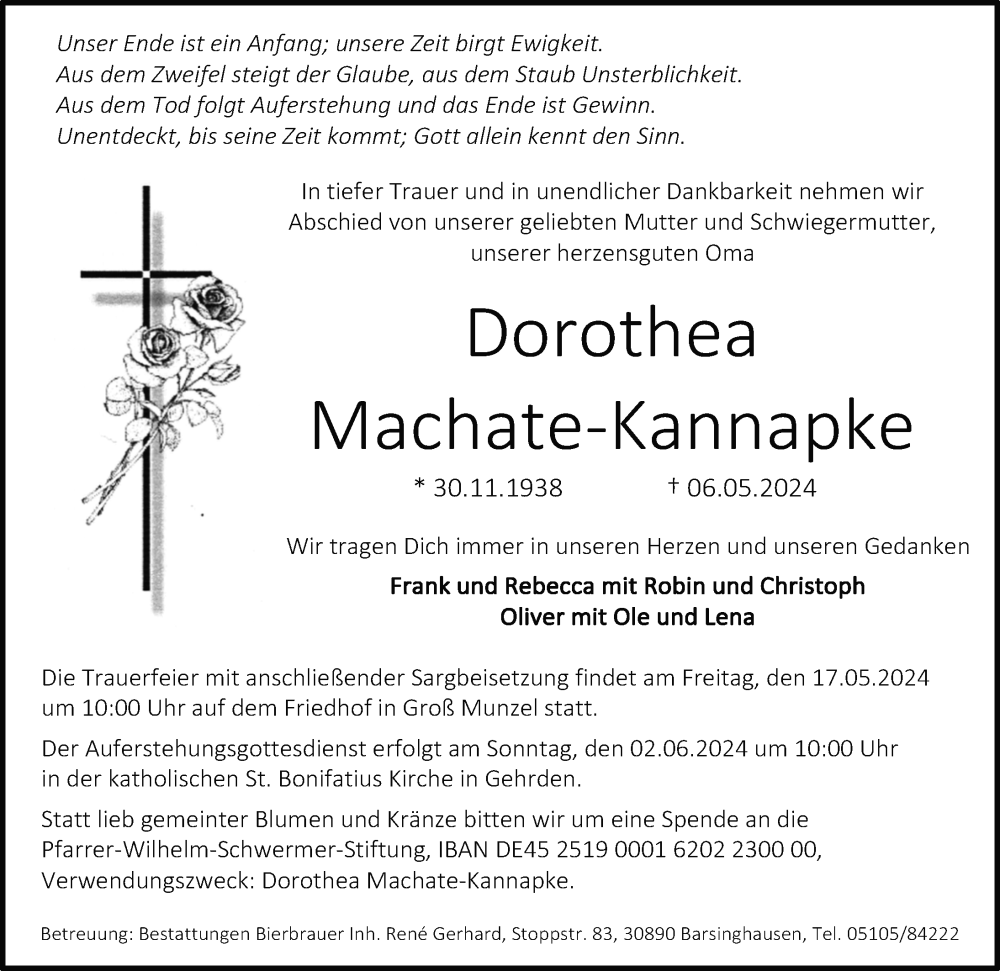 Traueranzeigen Von Dorothea Machate Kannapke Trauer Anzeigen De