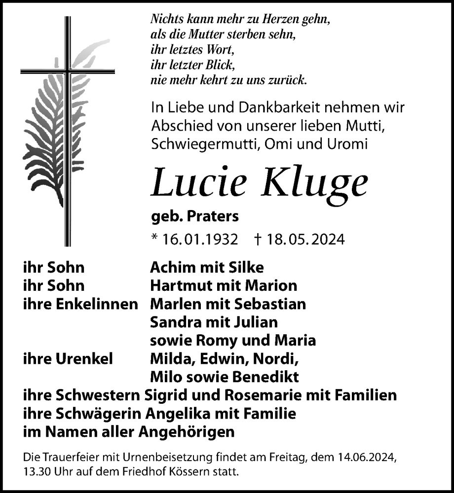 Traueranzeigen Von Lucie Kluge Trauer Anzeigen De