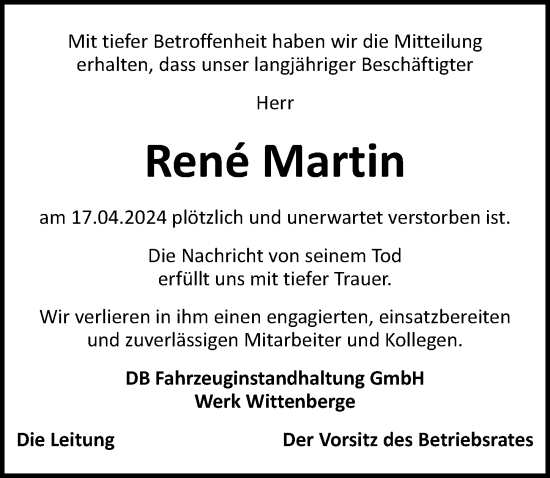 Traueranzeigen Von Rene Martin Trauer Anzeigen De