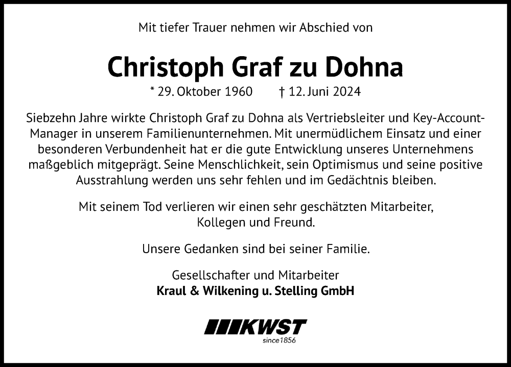 Traueranzeigen Von Christoph Graf Zu Dohna Trauer Anzeigen De