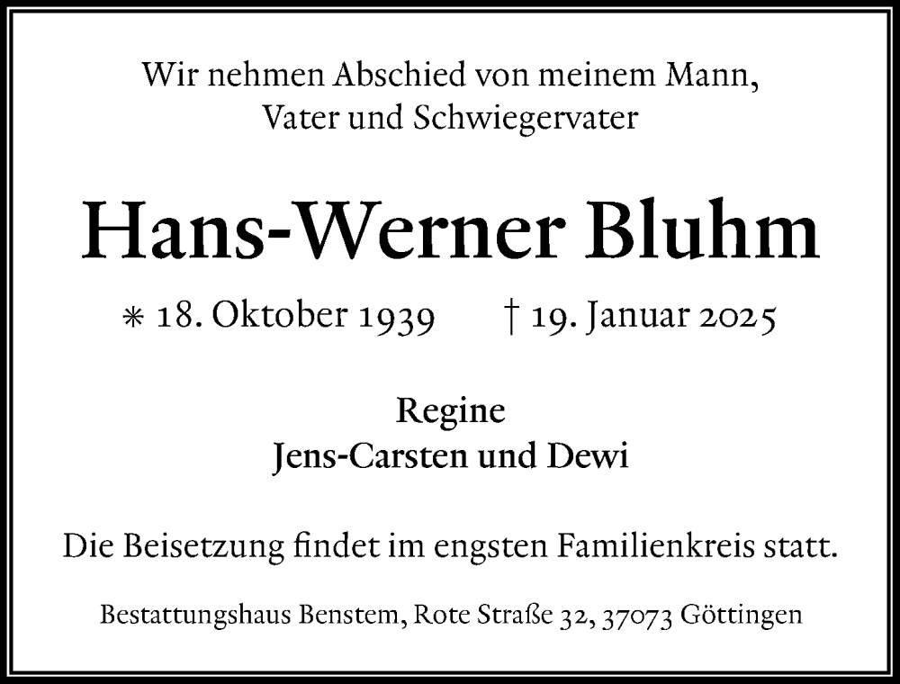 Traueranzeigen Von Hans Werner Bluhm Trauer Anzeigen De