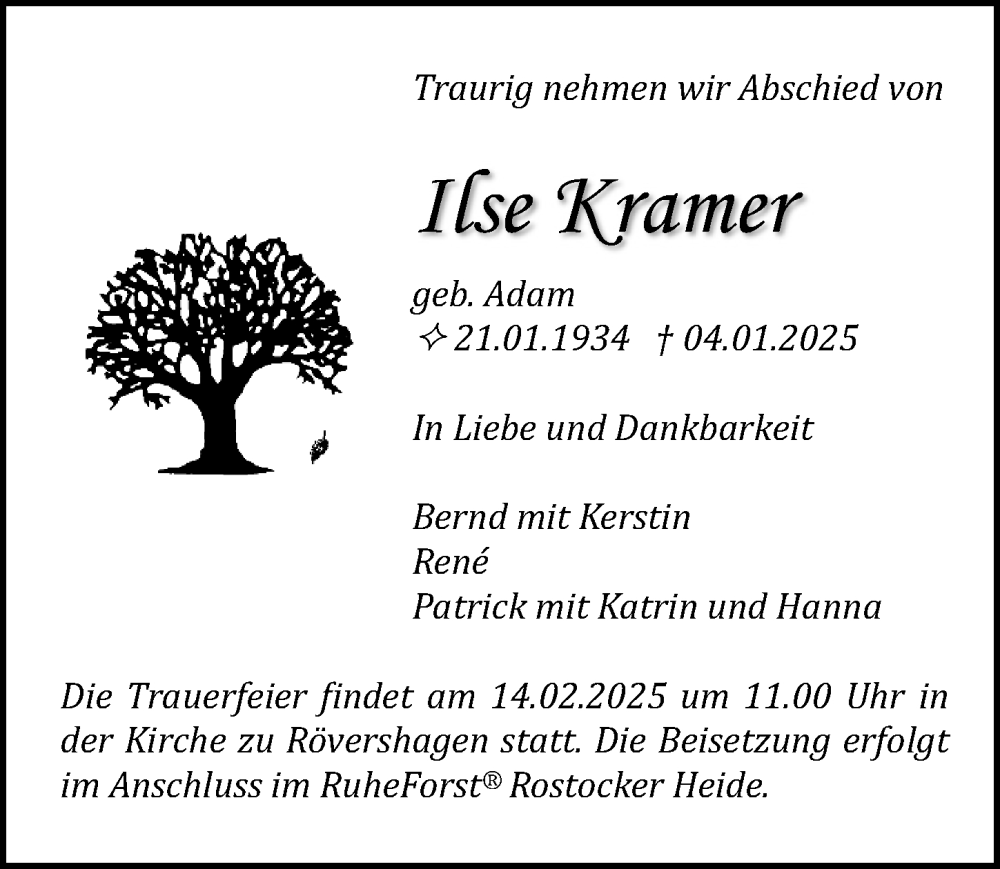 Traueranzeigen Von Ilse Kramer Trauer Anzeigen De