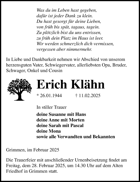 Traueranzeigen Von Erich Kl Hn Trauer Anzeigen De