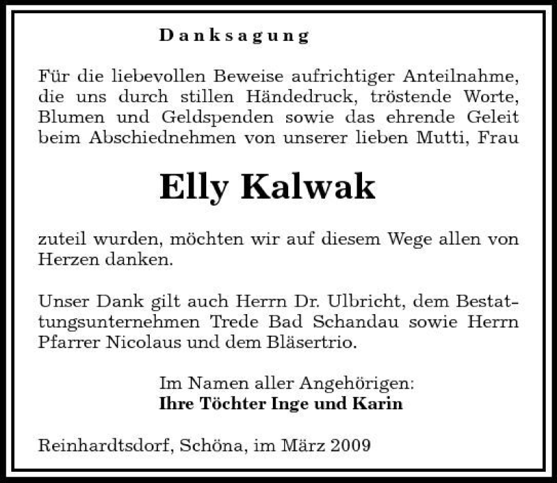  Traueranzeige für Elly Kalwak vom 05.03.2009 aus Sächsische Zeitung