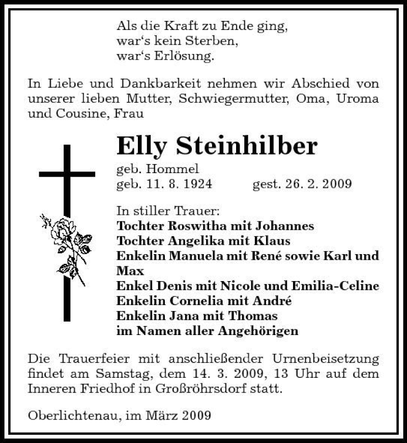  Traueranzeige für Elly Steinhilber vom 06.03.2009 aus Sächsische Zeitung