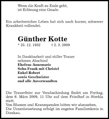 Traueranzeige von Günther Kotte von Sächsische Zeitung