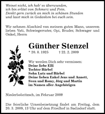 Traueranzeige von Günther Stenzel von Sächsische Zeitung