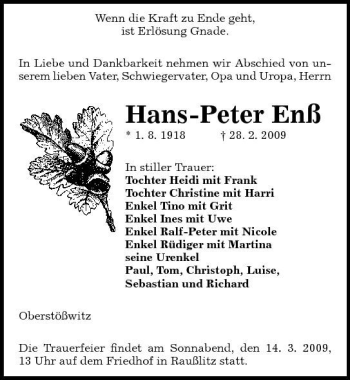 Traueranzeige von Hans-Peter Enß von Sächsische Zeitung