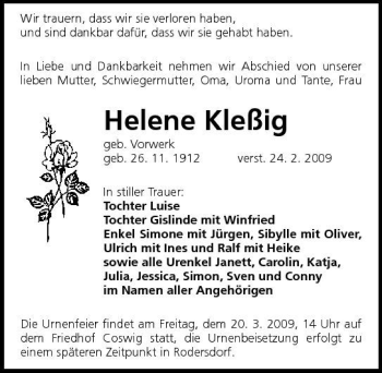 Traueranzeige von Helene Kleßig von Sächsische Zeitung