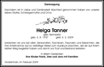 Traueranzeige von Helga Tanner von Sächsische Zeitung