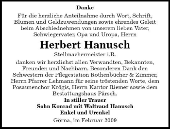 Traueranzeige von Herbert Hanusch von Sächsische Zeitung
