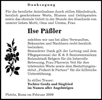 Traueranzeige von Ilse Päßler von Sächsische Zeitung