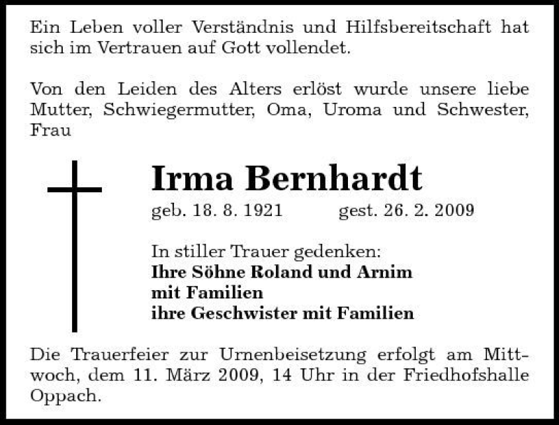  Traueranzeige für Irma Bernhardt vom 05.03.2009 aus Sächsische Zeitung