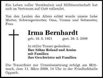 Traueranzeige von Irma Bernhardt von Sächsische Zeitung