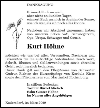 Traueranzeige von Kurt Höhne von Sächsische Zeitung