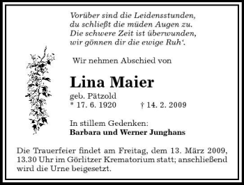 Traueranzeige von Lina Maier von Sächsische Zeitung